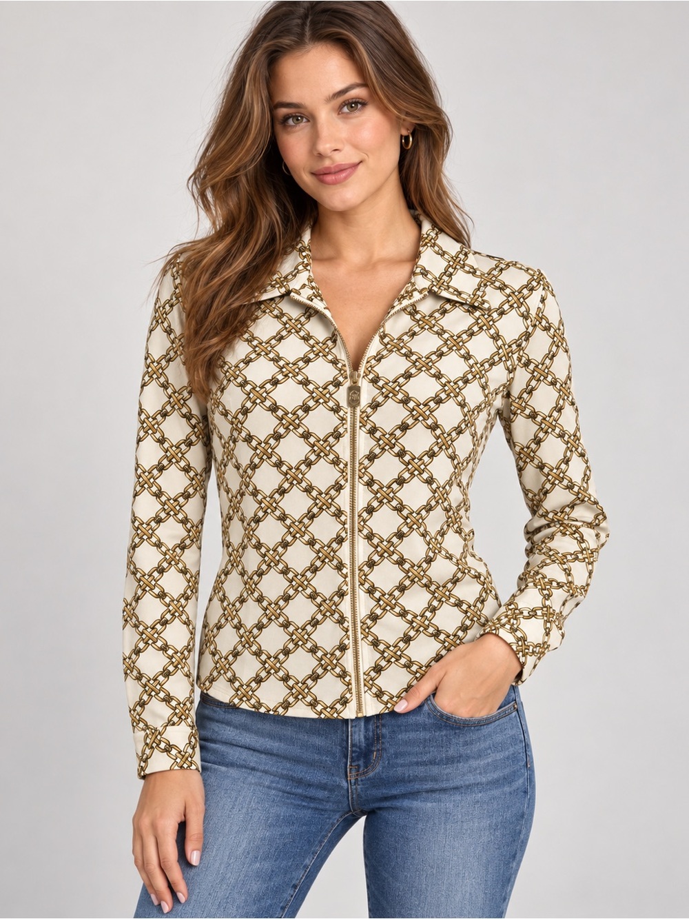 MICHAEL Michael Kors Cream Zip-Front Top-Small